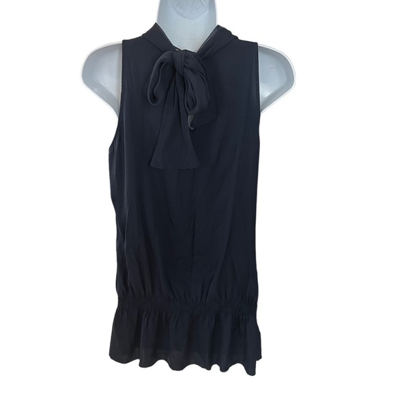 Saks Fifth Avenue Navy Blue Silk Sleeveless Blouse Ruching Bow Small Petite EUC - Picture 3 of 11